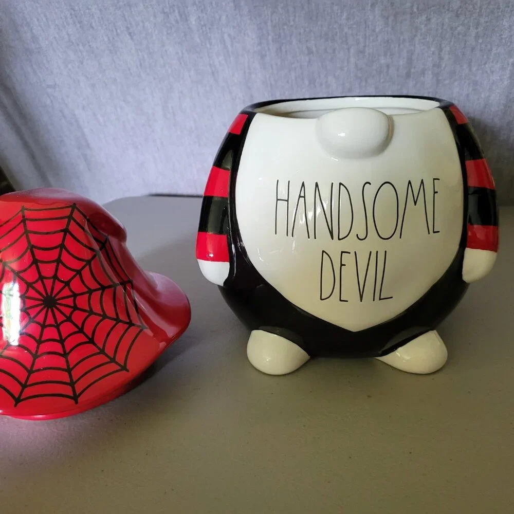 Rae Dunn Handsome Devil Gnome Ceramic Canister Black & Red Cookie Jar NEW